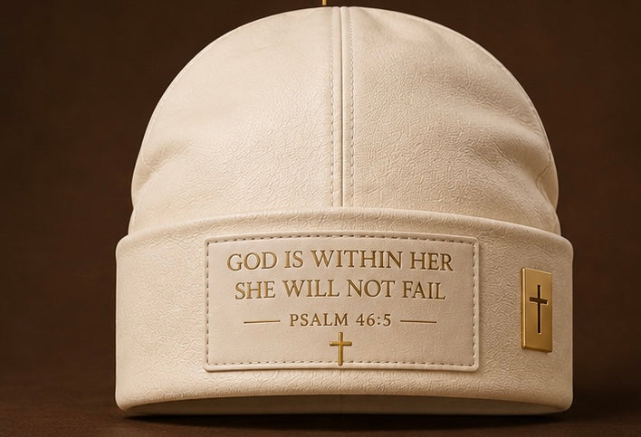 God Is Within Her — Cream Leather Beanie