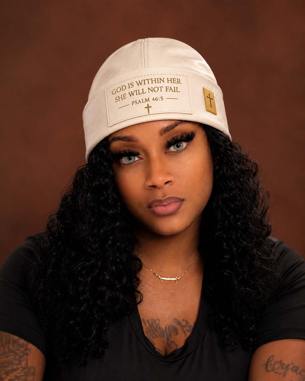 God Is Within Her — Cream Leather Beanie
