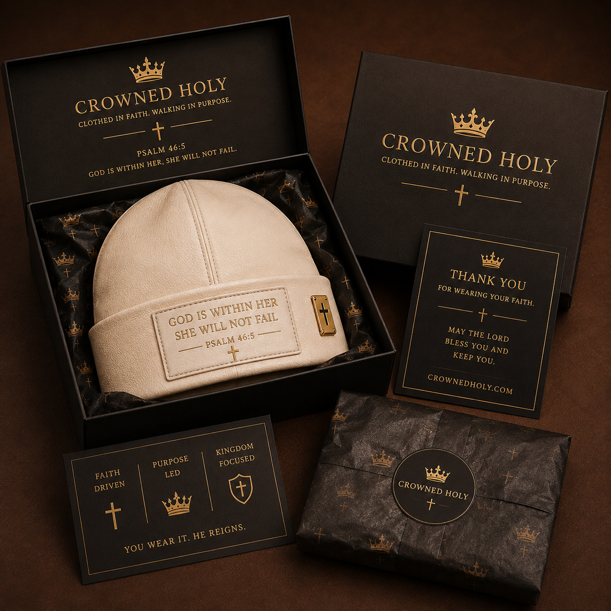 God Is Within Her — Cream Leather Beanie