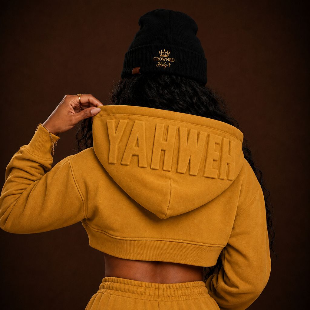 YAHWEH — Chosen in crop Hoodie in —mustard seed yellow